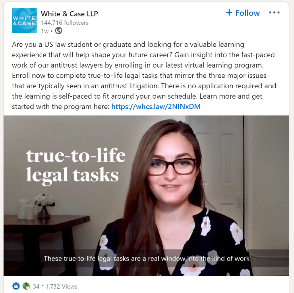 A LinkedIn social media post by White & Case