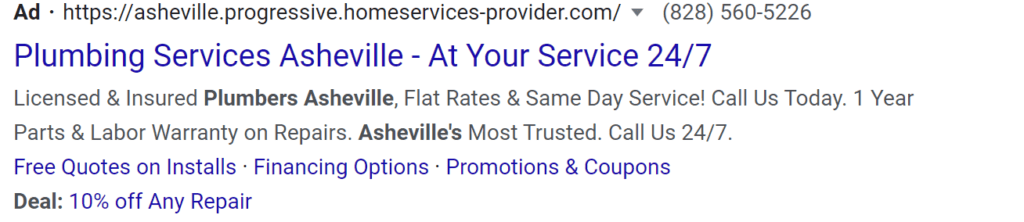 PPC ad for plumbing services that has conversion optimized copy