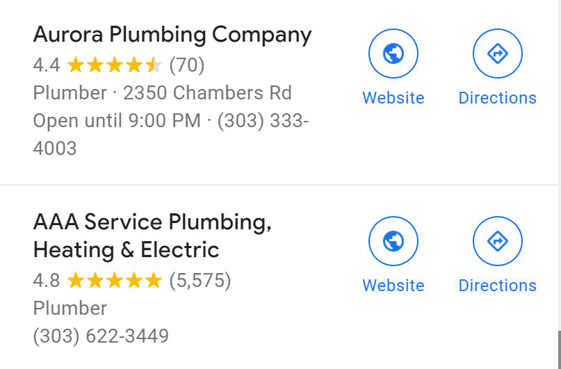 Extract of Google reviews for plumbing services