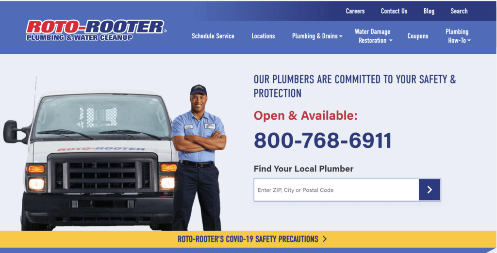 Roto-Rooter above the fold design demonstrates conversion optimization