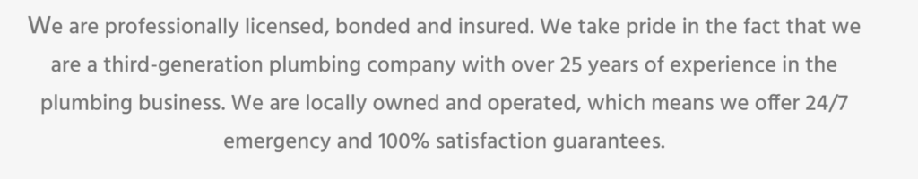 Extract from a plumbing website that boasts their experience and years in business